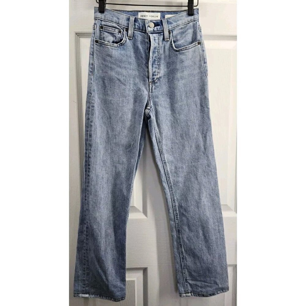 Denim Forum Arlo High Rise Straight Jeans Womens 24 x 25 Blue Stretch Button Fly